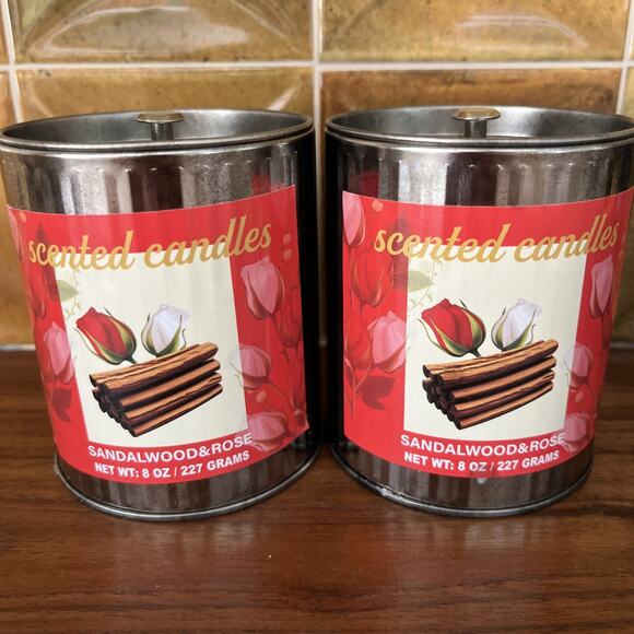 Sandalwood & Rose Soy Wax Candles Rustic Tin Metal Container Set of 2 - Picture 1 of 9
